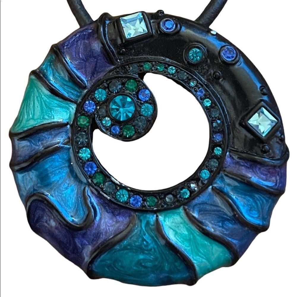 Leather like necklace with round blue green enamel pendant